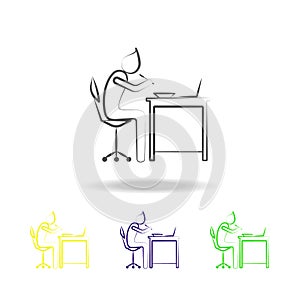 Man eat food in work outline colored icons. Element of office life illustration. Signs and symbols collection icon for websites,