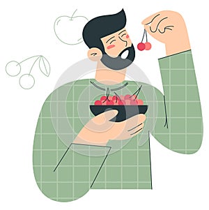 Man eating cherries. Flat vector minimalist illustrations with kitchen staff, cooking and food