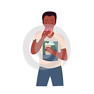 Man eating donut and drinking coffee, hungry male character standing, holding fast food