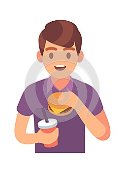 Man eating fast food. Male character with hamburger and soda drink, lunch time with unhealthy snack promotion cafe and