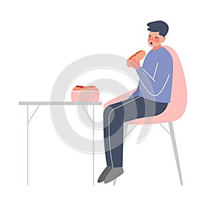 Man Eating Fast Food to Calm Down Stressful Emotion, Person Relaxing, Reducing and Managing Stress Cartoon Style Vector