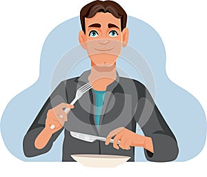 Man Eating Holding Fork and Knife Vector Illustration