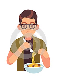 Man eating meal. Hungry male character with tasty noodles, lunch or dinner time with healthy pasta promotion cafe and