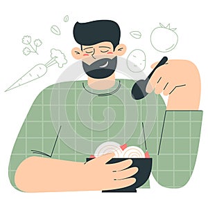 Man eating noodles with a spoon. Flat vector minimalist illustrations with kitchen staff, cooking and eating food