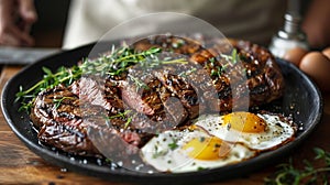 A Plate Filled with Steak and Eggs. Generative AI