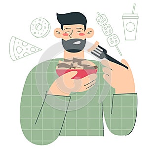 Man eating potato with a fork. Flat vector minimalist illustrations with kitchen staff, cooking and food