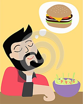 Man eating a salad but imagining a hamburger vector illustration