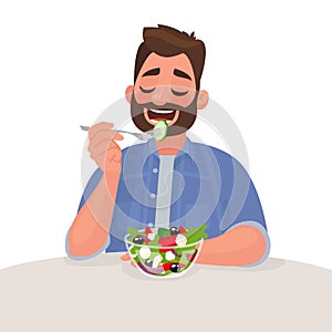 Man is eating a salad. Vegetarian. The concept of proper nutrition and healthy lifestyle. Vector illustration