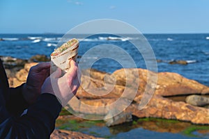 Man is eating takeaway food at the isolated rocky ocean beach