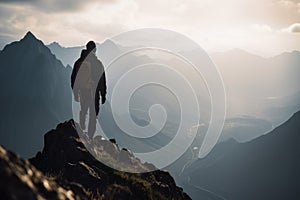 a man on the edge of a cliff looks at a mountain misty landscape, the concept of tourism, hiking generative ai