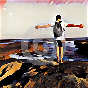 Man on the edge of the cliff by the sea. Open arms pose. Sky and ocean landscape in bold painting style.