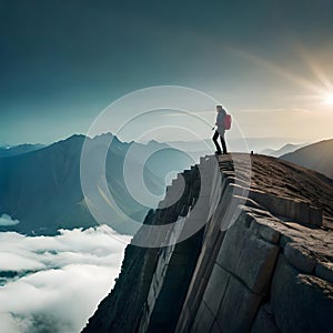 Man on the edge of the top of a mountain - ai generated image