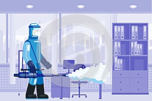 Man edical scientist in chemical protection suit disinfects spray to cleaning and disinfect virus Covid-19 in house photo