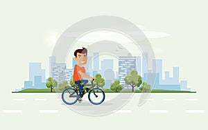 Man on Electric Bicycle on the Street with City Skyline Background