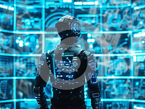 A man in an electric blue futuristic suit stands by a computer screen