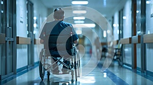 A man in an electric blue wheelchair is traveling down a hospital hallway