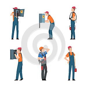 Man Electrician in Overall Fixing Electrical Wiring Vector Set