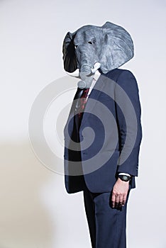 Man with an elephant mask on a light background