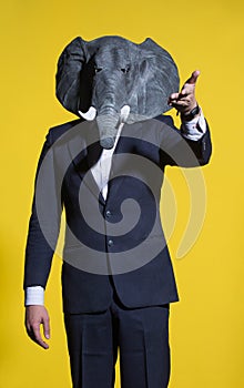 Man with an elephant mask on a yellow background