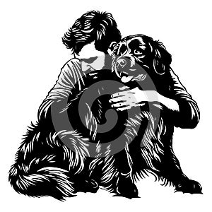Man Embracing His Dog Illustration