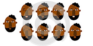 Man emotion. Male character portrait with different expression, cute black african boy with beard mood, face avatar, happy and sad