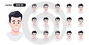 Man emotions set. Cartoon people face. Young boy. Cute male character for animation. Different facial expressions collection.