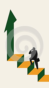 Man, employee going upwards the stairs and talking on phone. Contemporary art collage. Mobility and progress, promotion