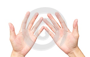 Man empty hands open on white background