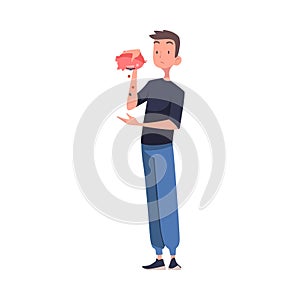 Man with Empty Pockets Counting Coins Vector Illustration