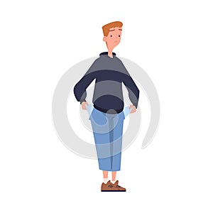 Man with Empty Pockets Sad in Standing Pose Vector Illustration