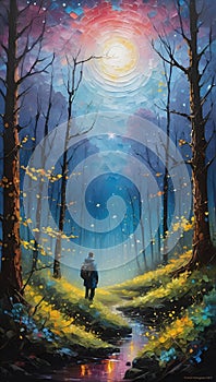 A man in enchanted forest, seems to come alive at night, twilight sky, moon, sparkling stars, painting art of nature