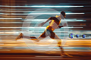 A man energetically running down a city street at night, illuminated by street lights, A runner kicking their leg back in a