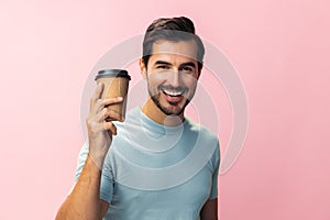 Man energy mug cup copy tea space studio t-shirt drink hipster paper happy hot coffee