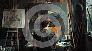 A man engaged in artistic endeavors within his studio, expressing himself through painting