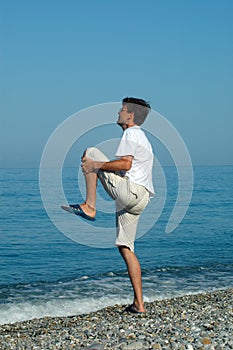 Man is engaged in gymnastics