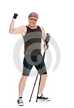 The man is engaged in Nordic walking