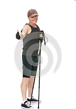 The man is engaged in Nordic walking