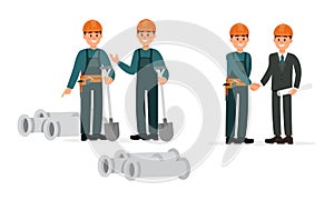 Man Engineer and Builder Working on Construction Site Vector Illustration Set
