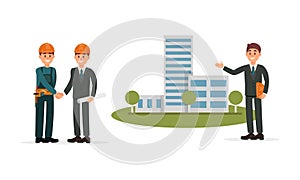 Man Engineer and Builder Working on Construction Site Vector Illustration Set