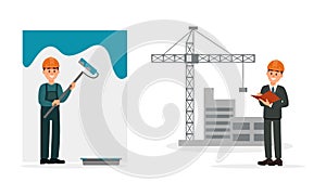 Man Engineer Checking Details on Construction Site and Builder Painting Wall Vector Illustration Set