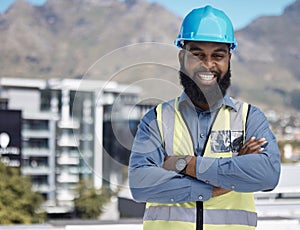 Man, engineering portrait and arms crossed for city construction, project management or outdoor building design. Happy