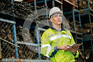 Man engineering worker wear uniform and helmet using tablet for work in warehouse.