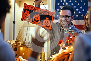 Man enjoying a Halloween party.  people in costume celebrate together a halloween party