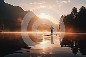 man is enjoying a peaceful morning on a mountain lake while traveling by SUP board at sunrise. Generative AI
