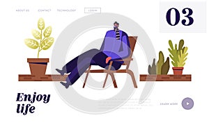 Man Enjoying Relaxation at Home with Potted Plants Landing Page Template. Relaxed Male Character Relax on Winter Garden