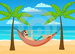 Man enjoying summer time holidays, vacations, lying in hammock under palm trees