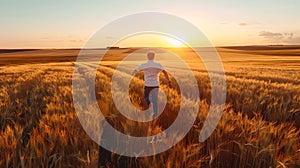 Man enjoying sunset in wheat field, embracing nature& x27;s beauty. Freedom, tranquility, and golden hour charm. Serene