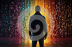man entering or walking into future digital world, businessman on binary code background, digital world concept