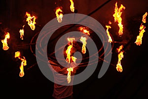 Man entertains the audience with the help of fire during the perehera in srilanka