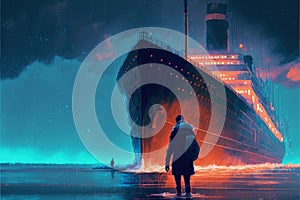 Man escaping sinking vessel during rainy night. illustration painting